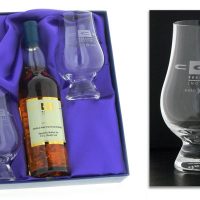 20cl Designer Gift Set :: Based on the success of our Dram & Glass set this gift set is designed to provide your client with a 20cl bottle of a specially selected 10 Year Old Single Malt Scotch Whisky and 2 engraved crystal nosing glasses.